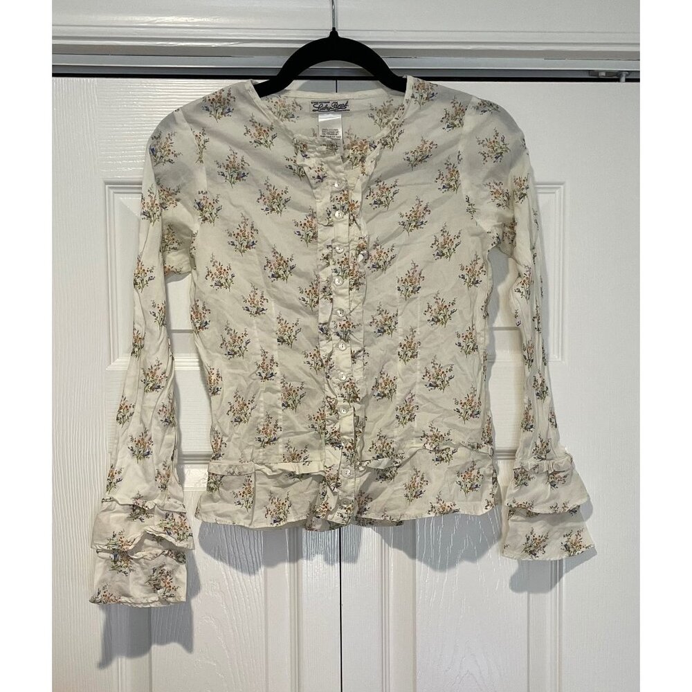 Lucky Brand Girls Floral Button Up‎ Top Size XL (16) Bell Sleeves Ruffles Dainty
